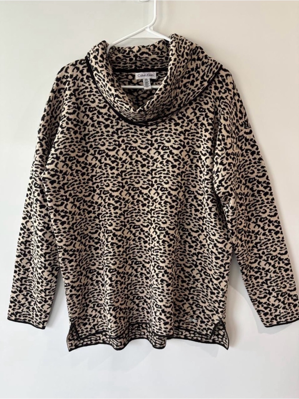 Calvin Klein Beige and Black Leopard Print Cowl Neck Sweater